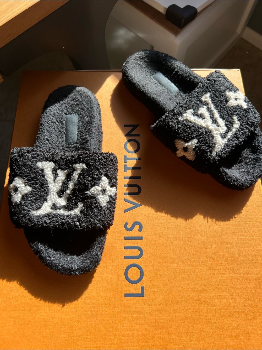 Louis Vuitton Black & White Shearling LV Monogram Slide Slippers